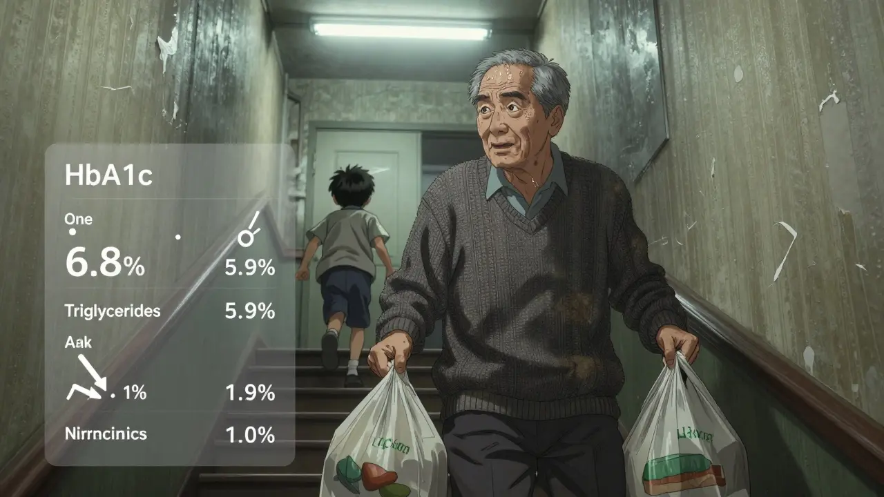 An elderly man climbing stairs with groceries, his grandson ahead, clinical data glowing softly around him.