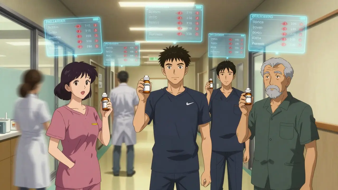 Diverse patients holding blood thinner bottles, holographic medical data floating around them in a modern dental office.