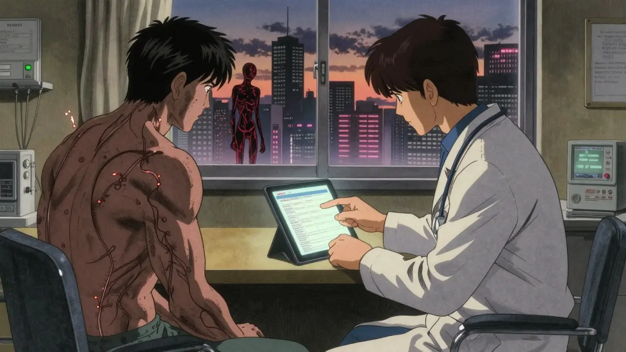 Doctor and patient in consultation, shadow split between muscle and nerve damage, under city lights.