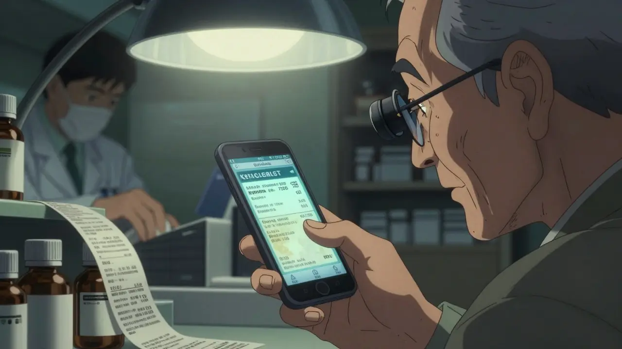 Elderly man using his phone to magnify a faded prescription label under a pharmacy lamp.