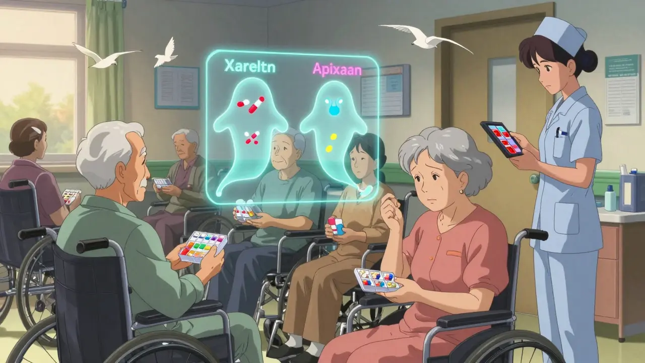 Elderly patients in a nursing home holding pill organizers as digital drug names float and transform above them.