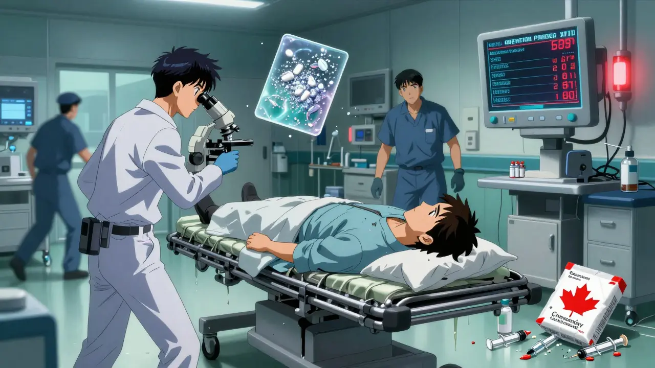 Emergency room scene with medical staff examining a contaminated pill under a microscope, surrounded by chaotic activity.