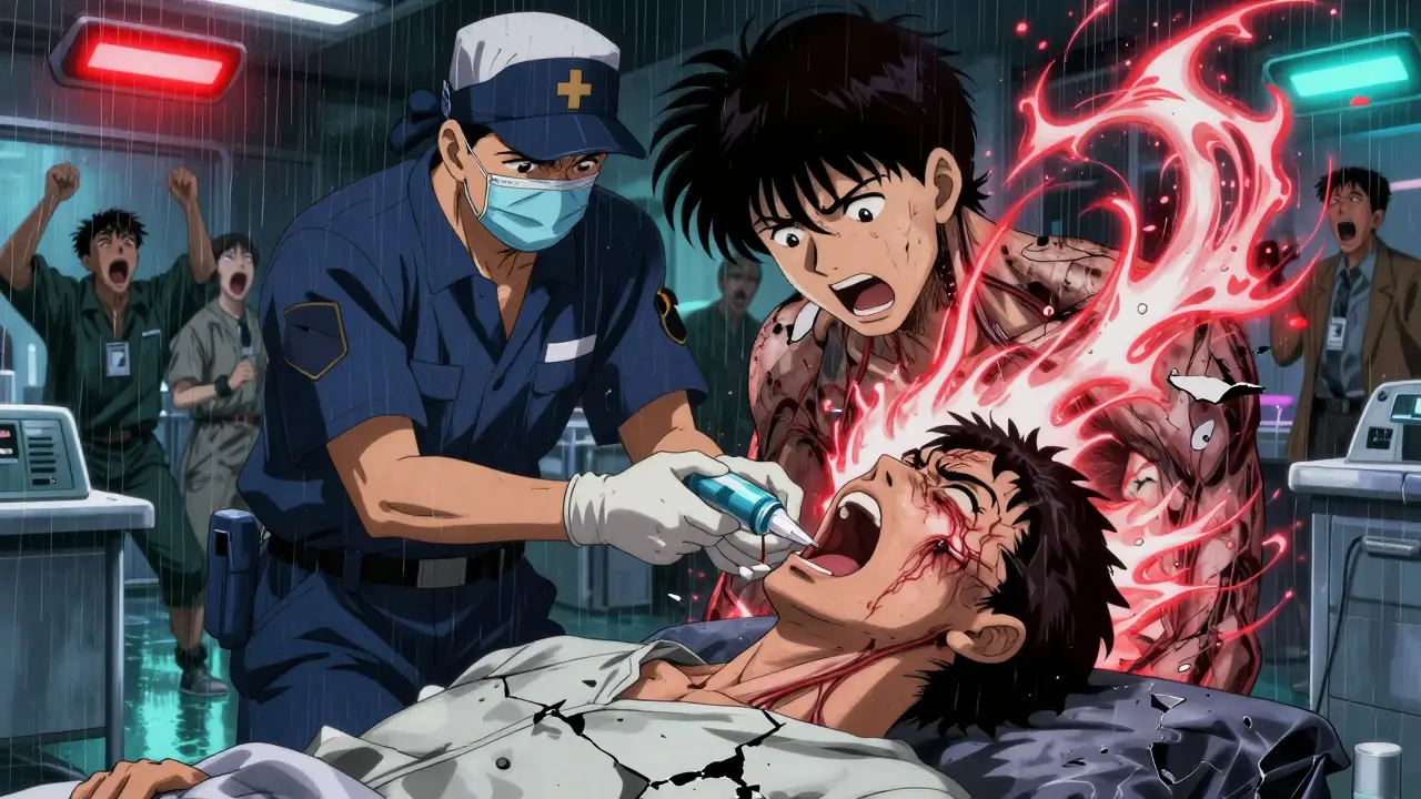 ER scene with patient experiencing anaphylaxis, skin peeling, epinephrine being administered.