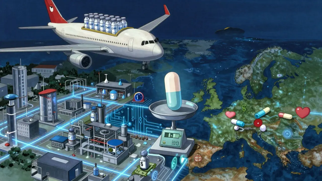 Global supply chain at night showing drug transport and factories linked by energy lines, a floating pill on a scale.