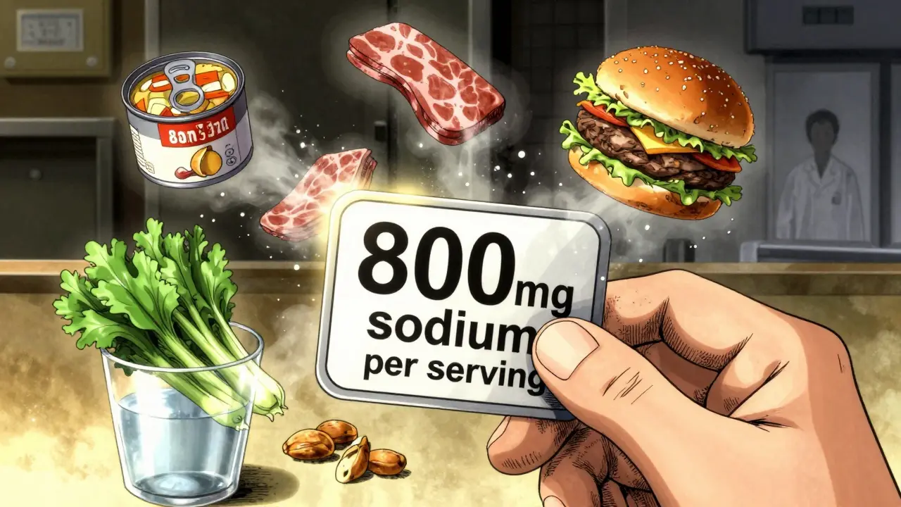 Hand holding food label with high sodium content, surrounded by dissolving processed foods and fresh produce.
