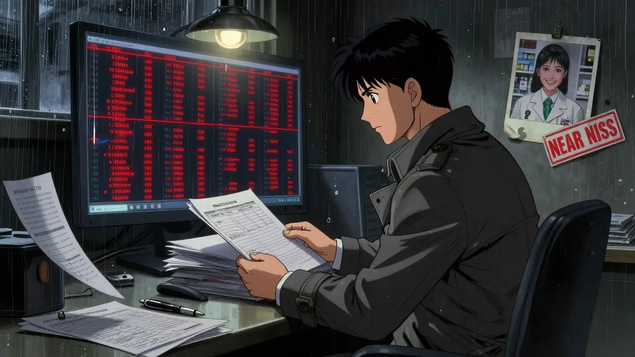 Health inspector reviewing error patterns on monitor, faded photo and red stamp on wall, dim office lighting.