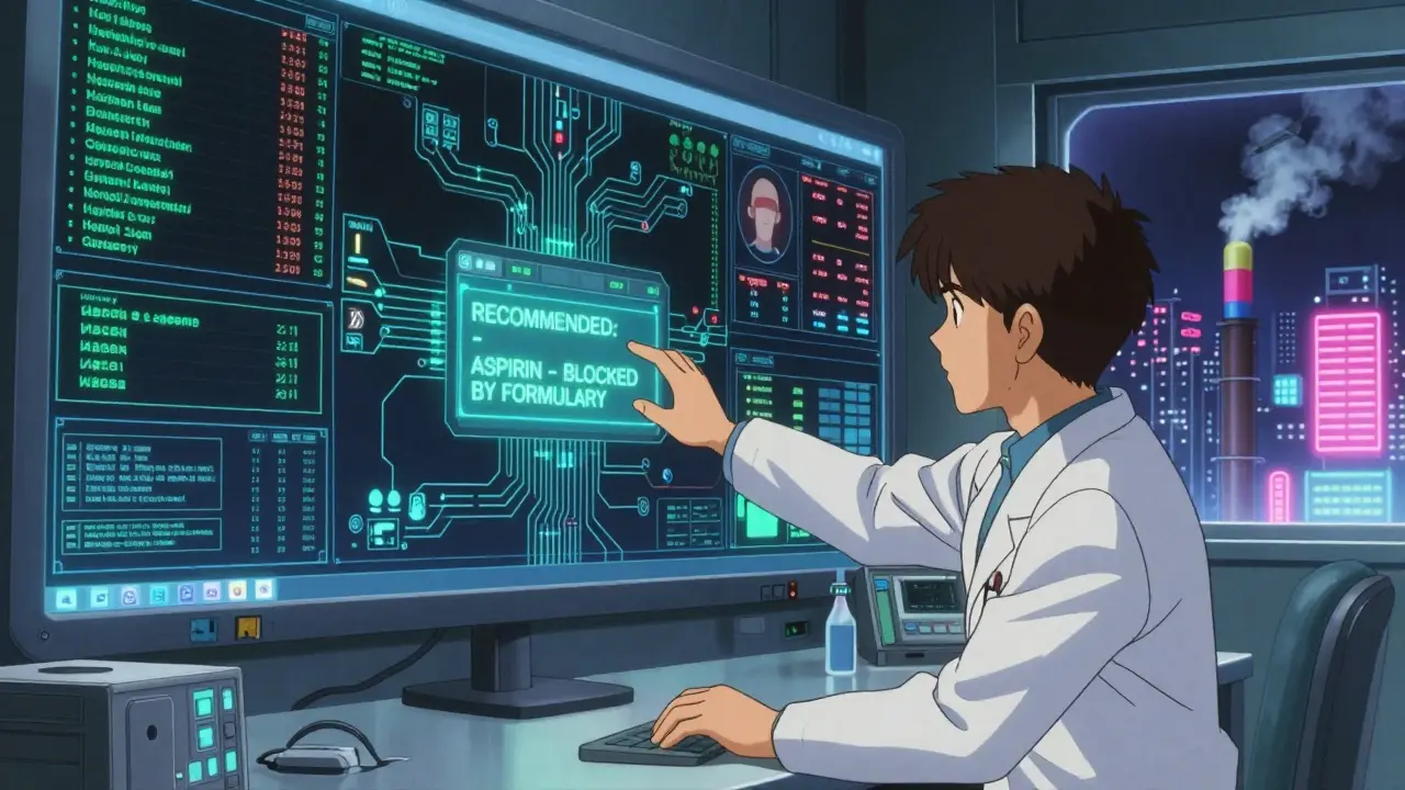 Hospital control room with AI algorithms analyzing genetic data, doctor reaching to override a blocked drug substitution.
