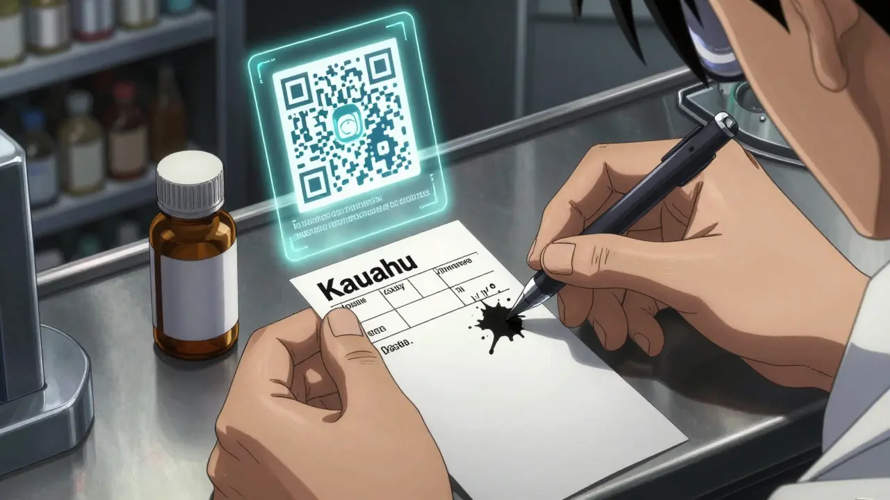 Pharmacist printing a new prescription label with bold text and a glowing QR code above the bottle.