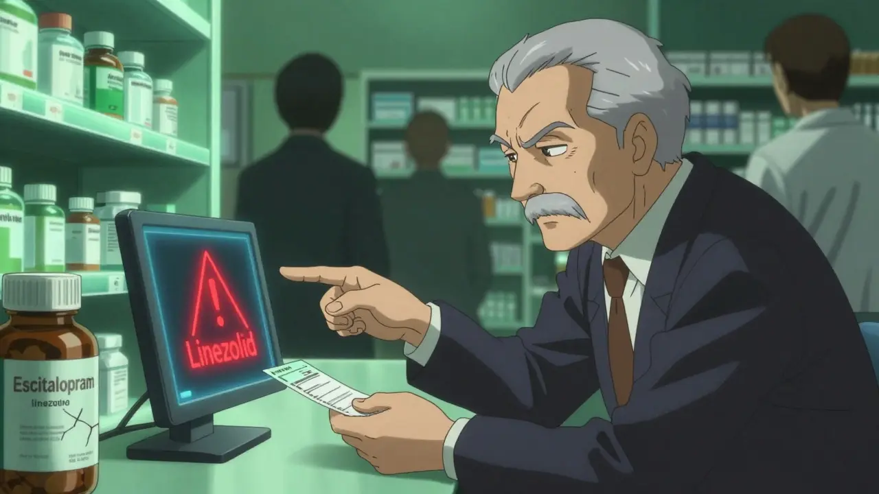 Pharmacist warning an elderly patient about dangerous drug interaction on a digital screen, with glowing supplement bottles in background.