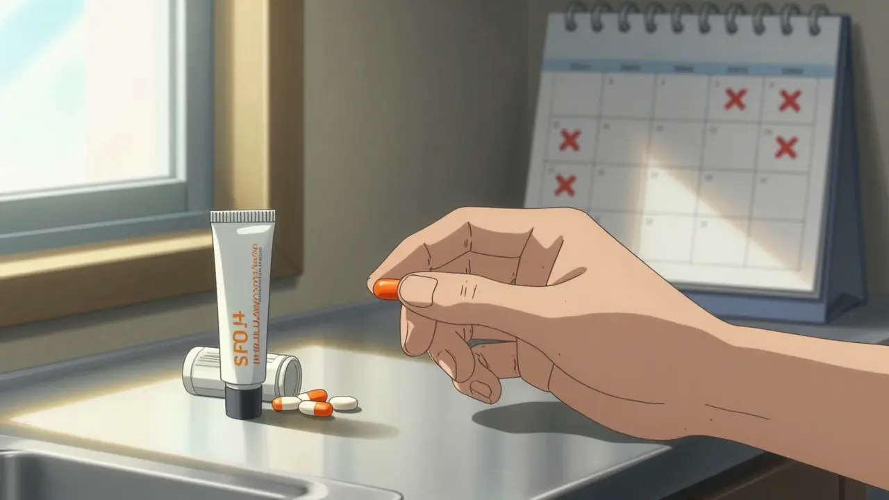 Someone taking daily antiviral medication with SPF lip balm and zinc supplements on a sunlit kitchen counter.