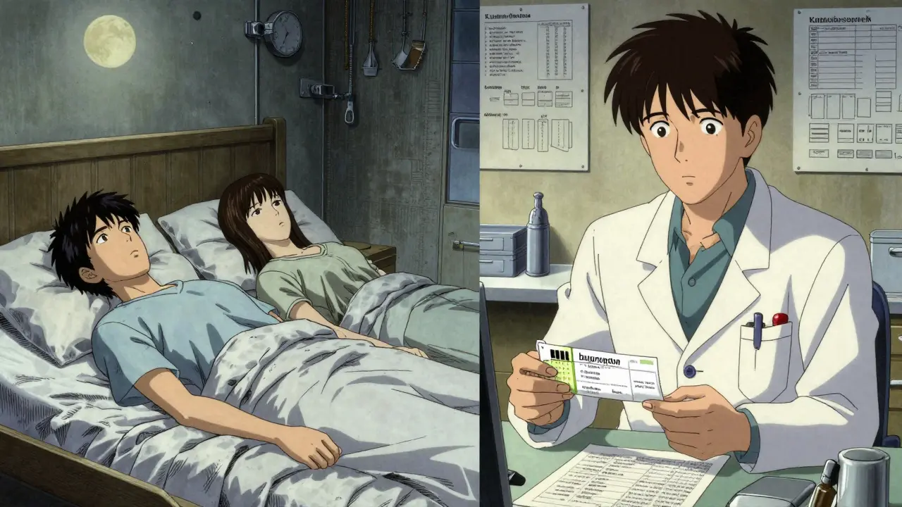 Split scene: a couple distant in bed, same man receiving a bupropion prescription at the doctor's office.