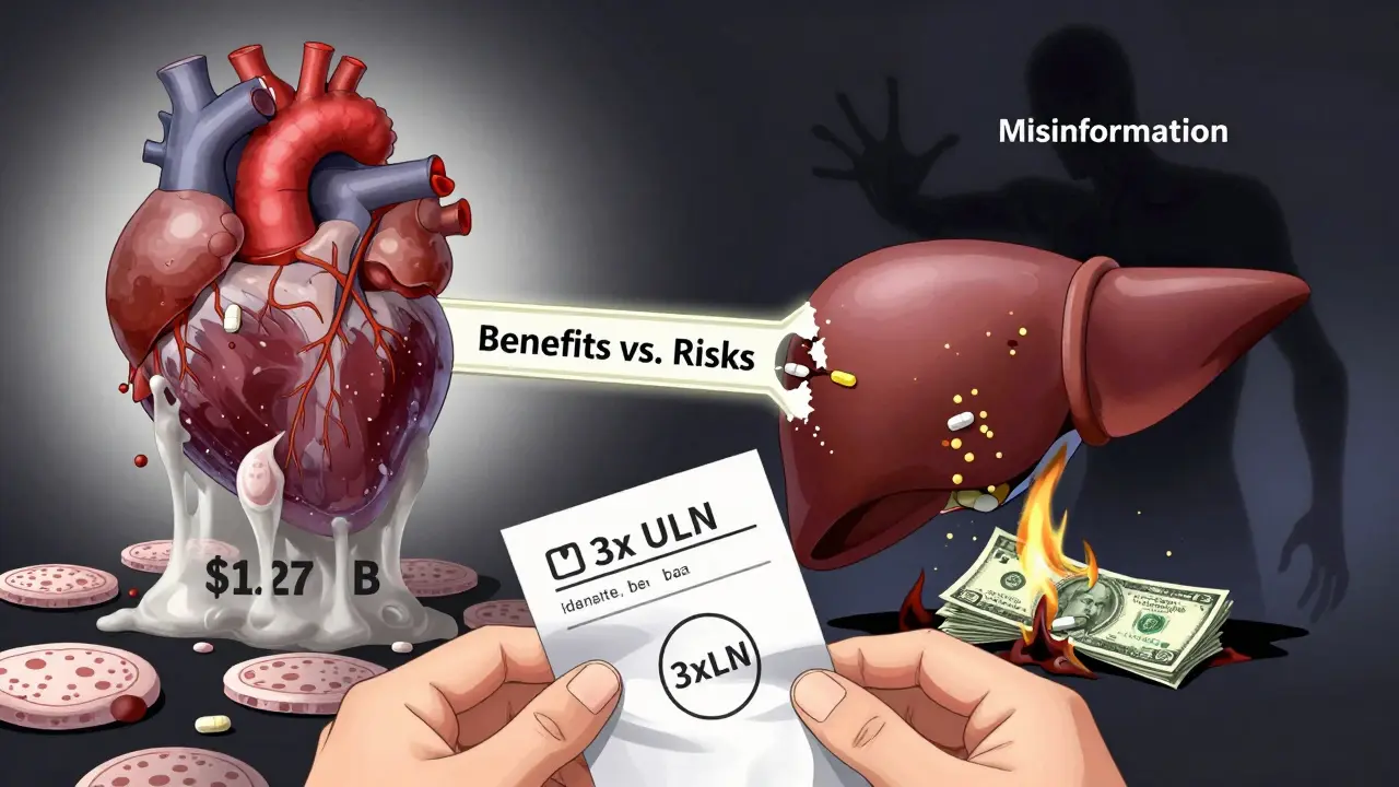 Split scene: heart failing vs. liver healing with statins, a blood test result held firmly against misinformation.