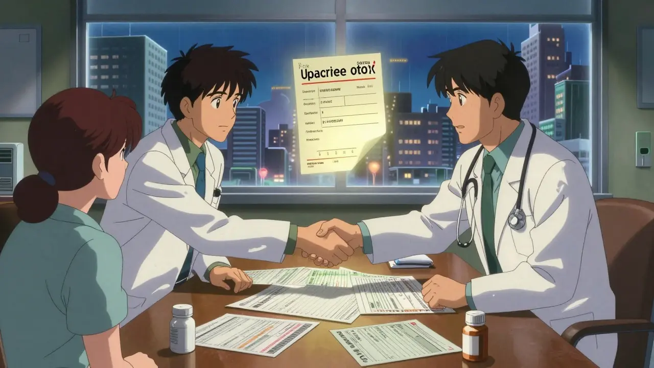 Two doctors shaking hands over floating medical records during a peer-to-peer review in a steamy room.