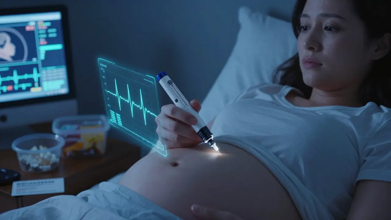 Woman administering insulin pen at night with medical monitor glow