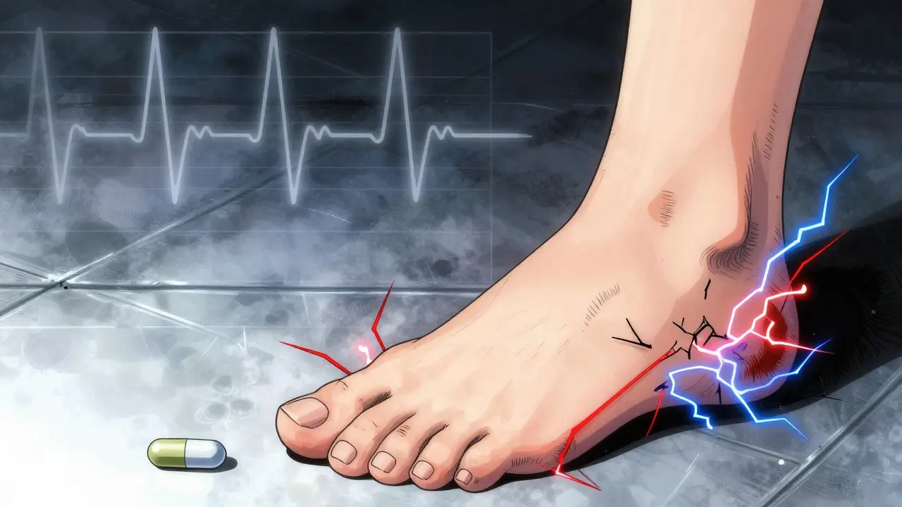 Woman’s foot with flickering neural sparks, representing tingling neuropathy from statins.