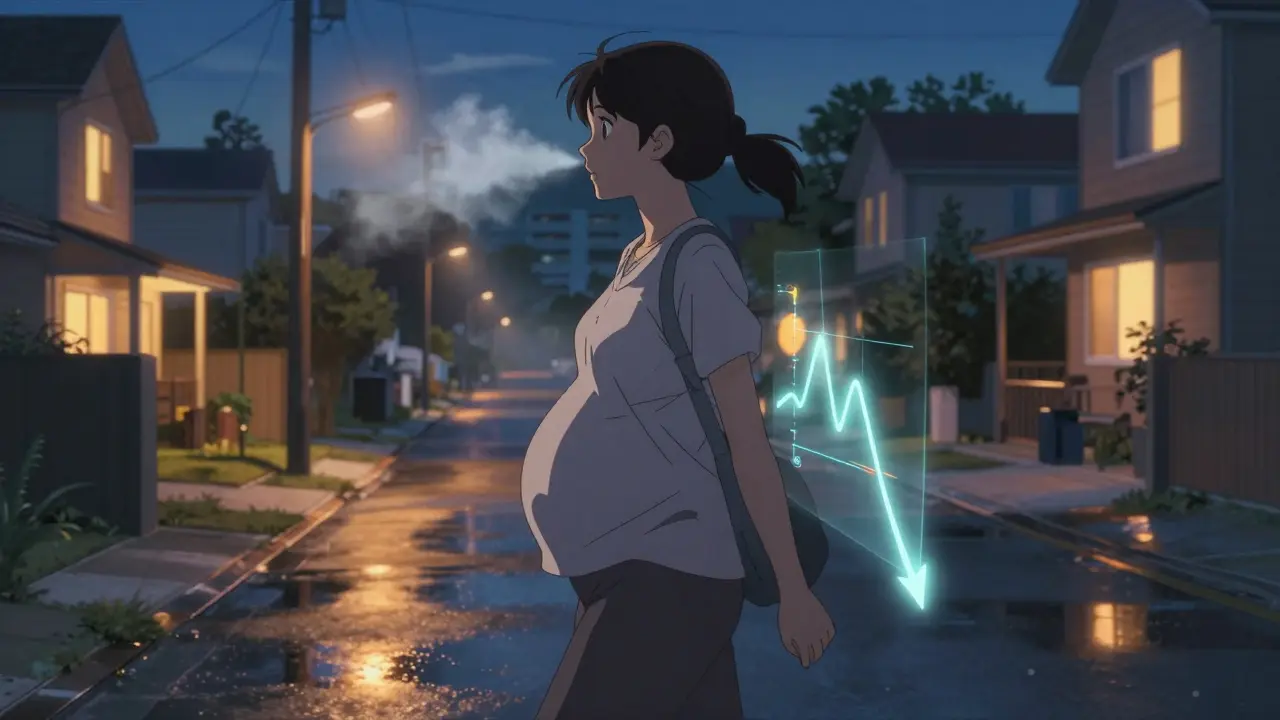 Woman walking at night with floating glucose graph showing blood sugar drop