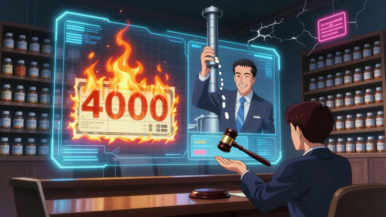 A courtroom hologram shows a burning legal bill versus a brand CEO smiling as an authorized generic pill drops to a patient.