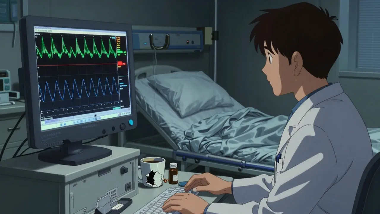 A neurologist studying a sleep monitor showing abnormal muscle activity during REM sleep in a dim lab.