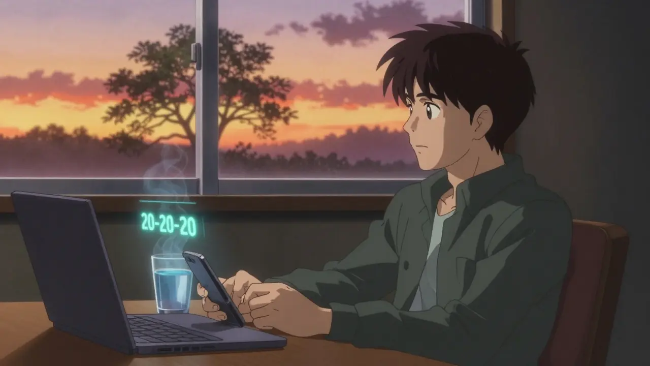 A person looking away from screens at a distant tree, eyes relaxed, with a 20-20-20 timer glowing faintly.