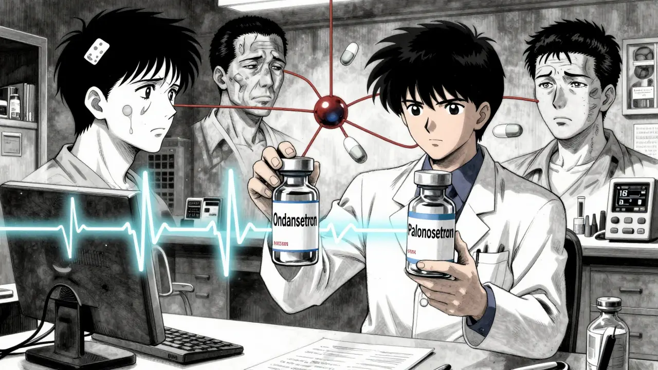 A pharmacist comparing antiemetic drugs while an ECG line shows dangerous heart rhythm risks, surrounded by patient symptoms.