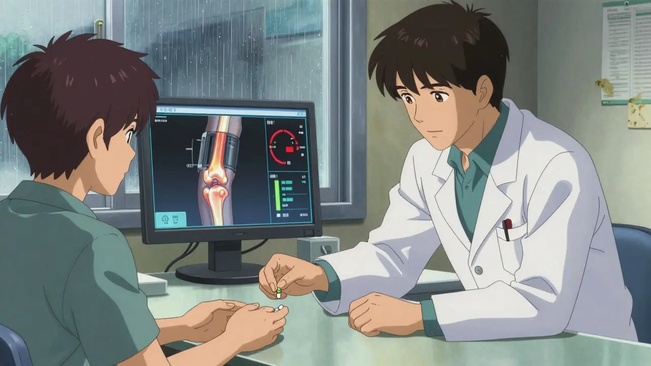 A pharmacist hands a combination pill to a patient in a clinic, with a digital display showing health improvements.