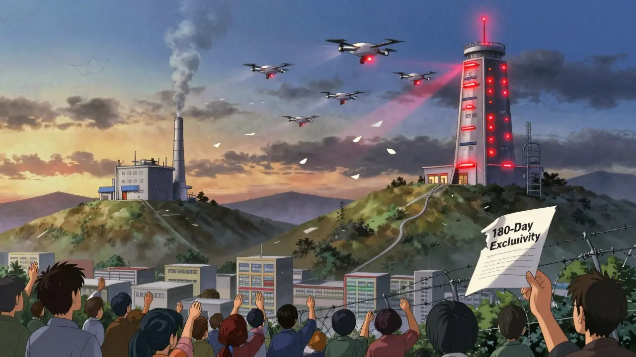 A small generic factory contrasts a massive corporate tower launching authorized generics, while patients reach upward in a misty valley.