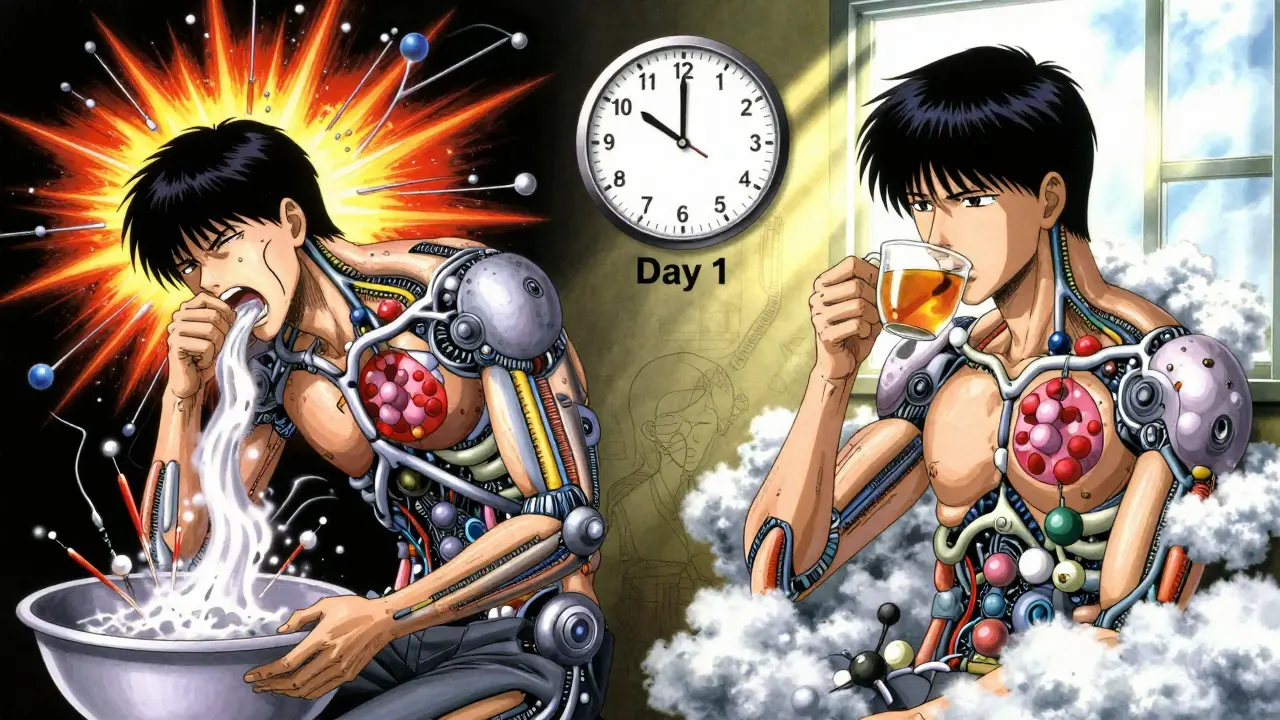 A split-panel image showing opioid-induced nausea on day one versus recovery on day seven, with ginger tea and calming elements.