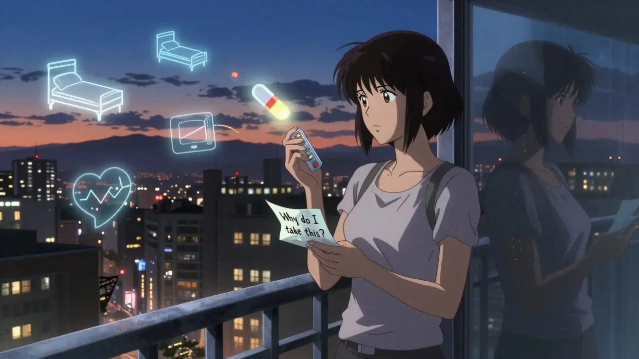 A woman on a city balcony at dusk, holding a pill organizer, with ghostly images of past struggles fading into a glowing pill.