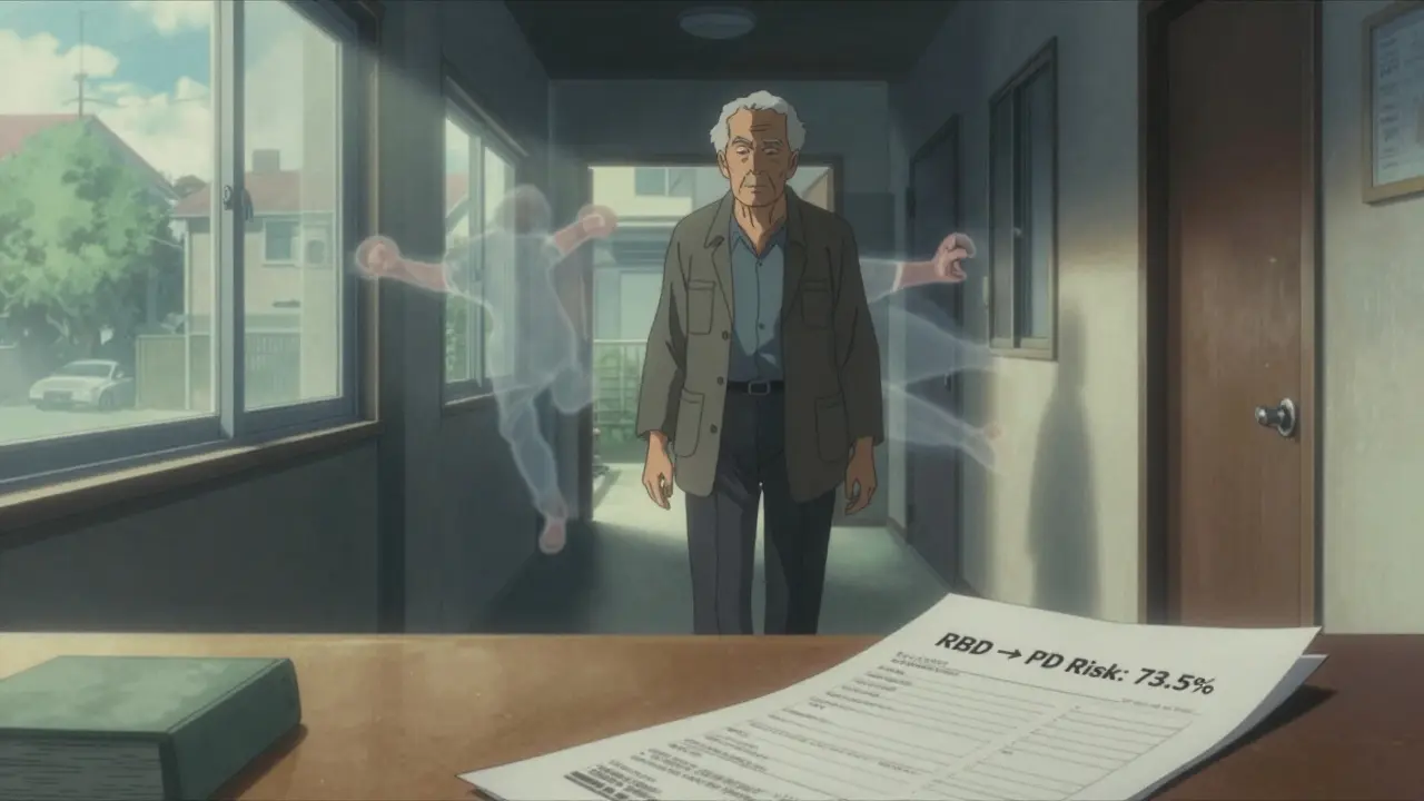 An elderly man walking with stiff gait, faint ghostly images of dream movements trailing behind him.