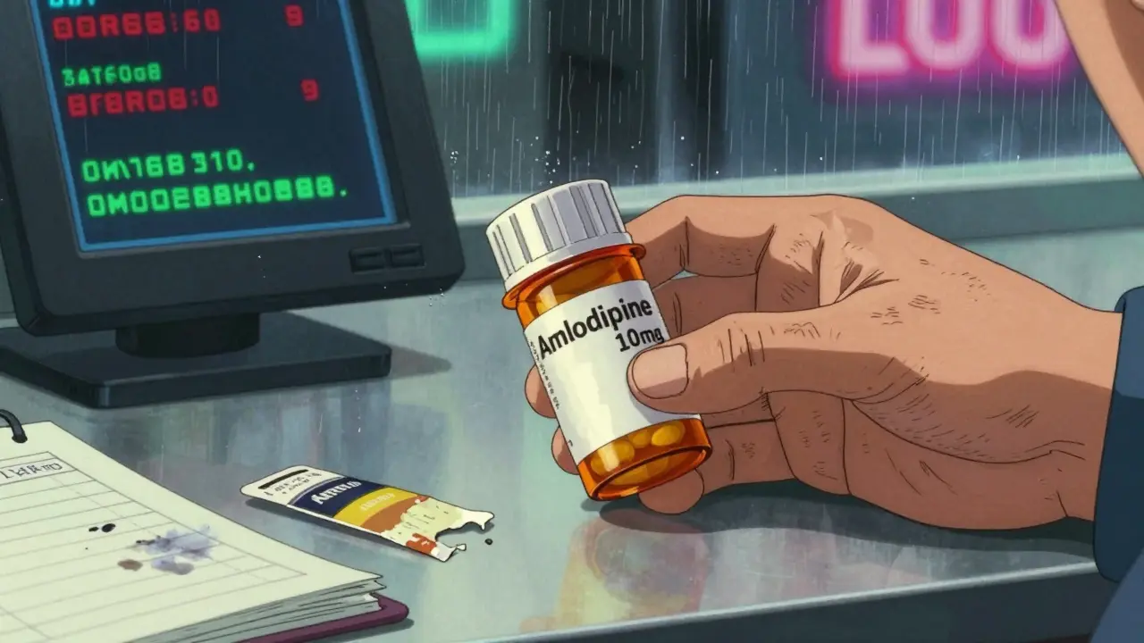 Close-up of an elderly man examining a pill bottle with a mismatched label beside a torn previous label and a checklist notebook.