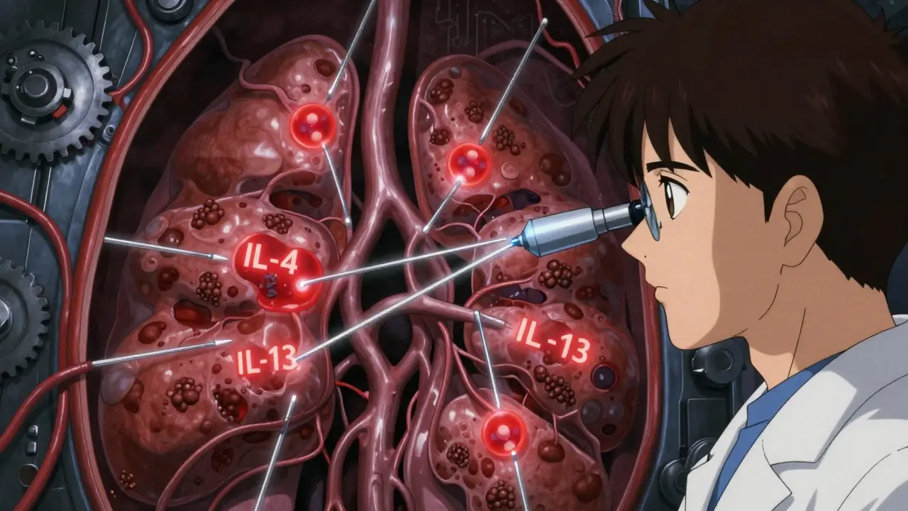 ENT specialist viewing inflamed sinuses with biologic molecules neutralizing allergic inflammation via endoscope.