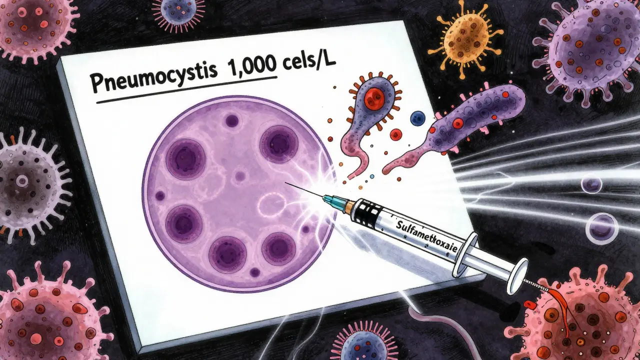 Medical chart showing pathogens with syringe injecting prophylaxis, lymphocyte counts dropping.