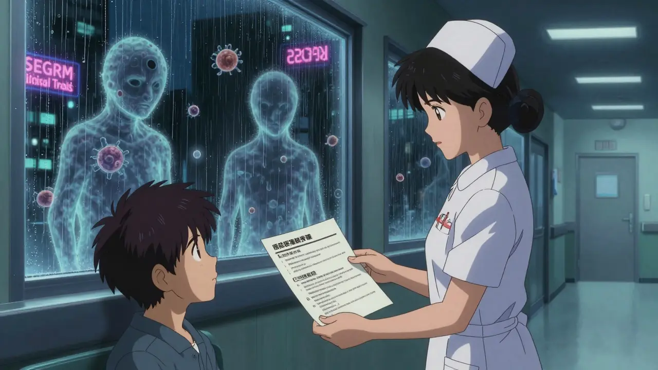 Nurse giving infection warning handout as immune cells drift like ghosts in a hospital corridor.