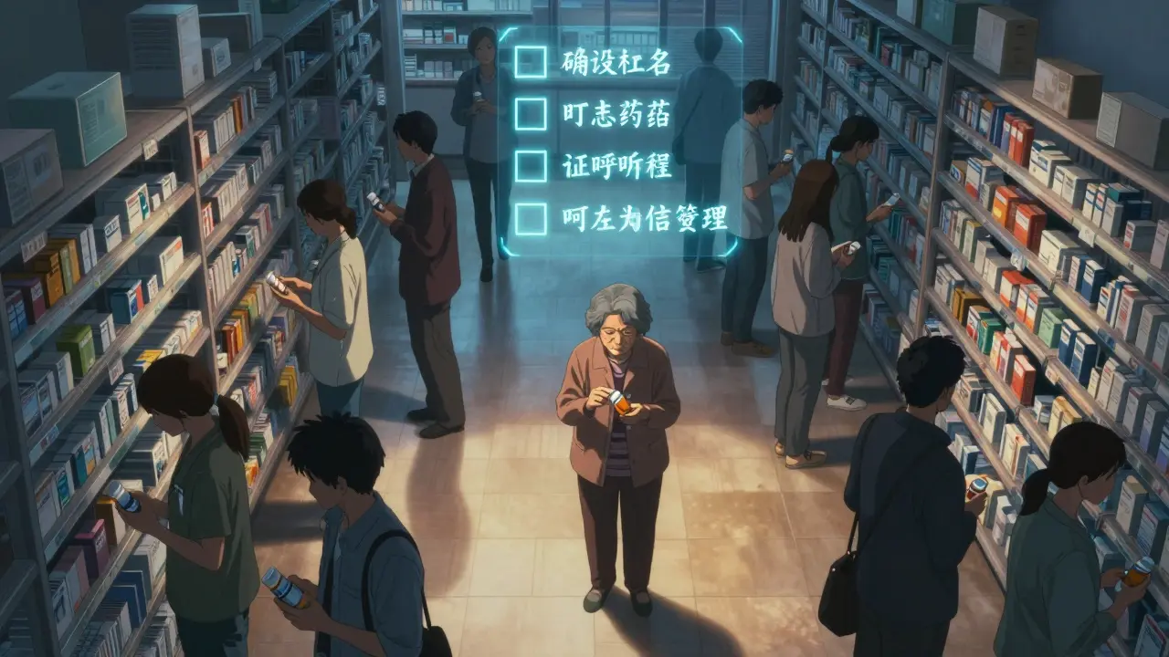 Overhead view of a pharmacy aisle where one woman stops, surrounded by oblivious patients, with floating checklist steps glowing above her.
