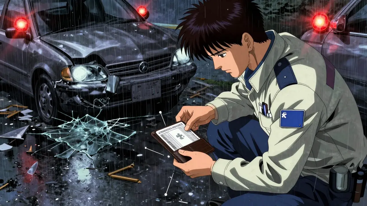 Paramedics examining wallet emergency card at car crash site