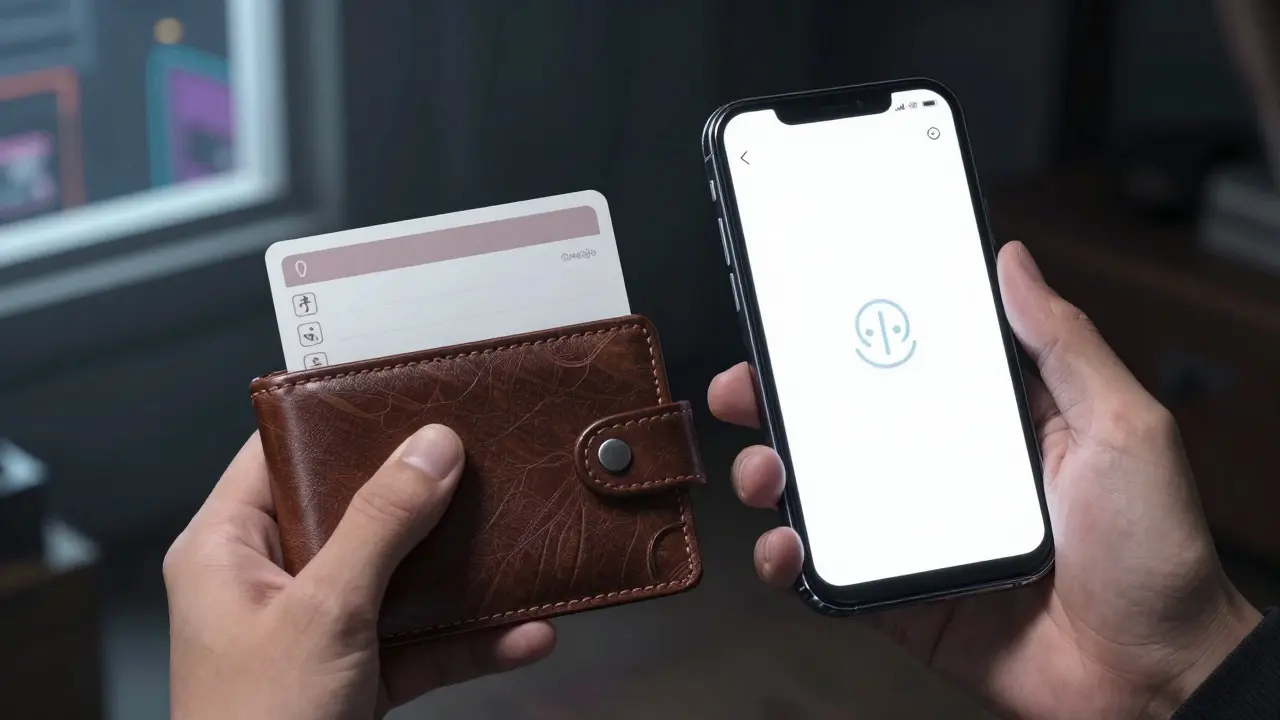 Person holding wallet and smartphone with medical ID interface