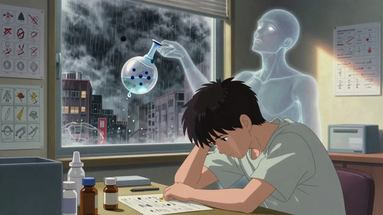 Someone in a polluted city surrounded by allergy symptoms, with a single water droplet suspended as hope emerges.