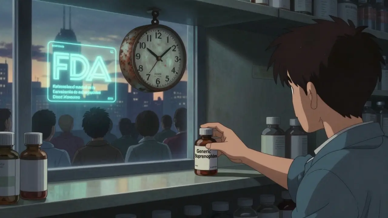 A patient reaches for an empty generic drug shelf while a frozen 5-year clock hangs in air, FDA reform glowing faintly outside.