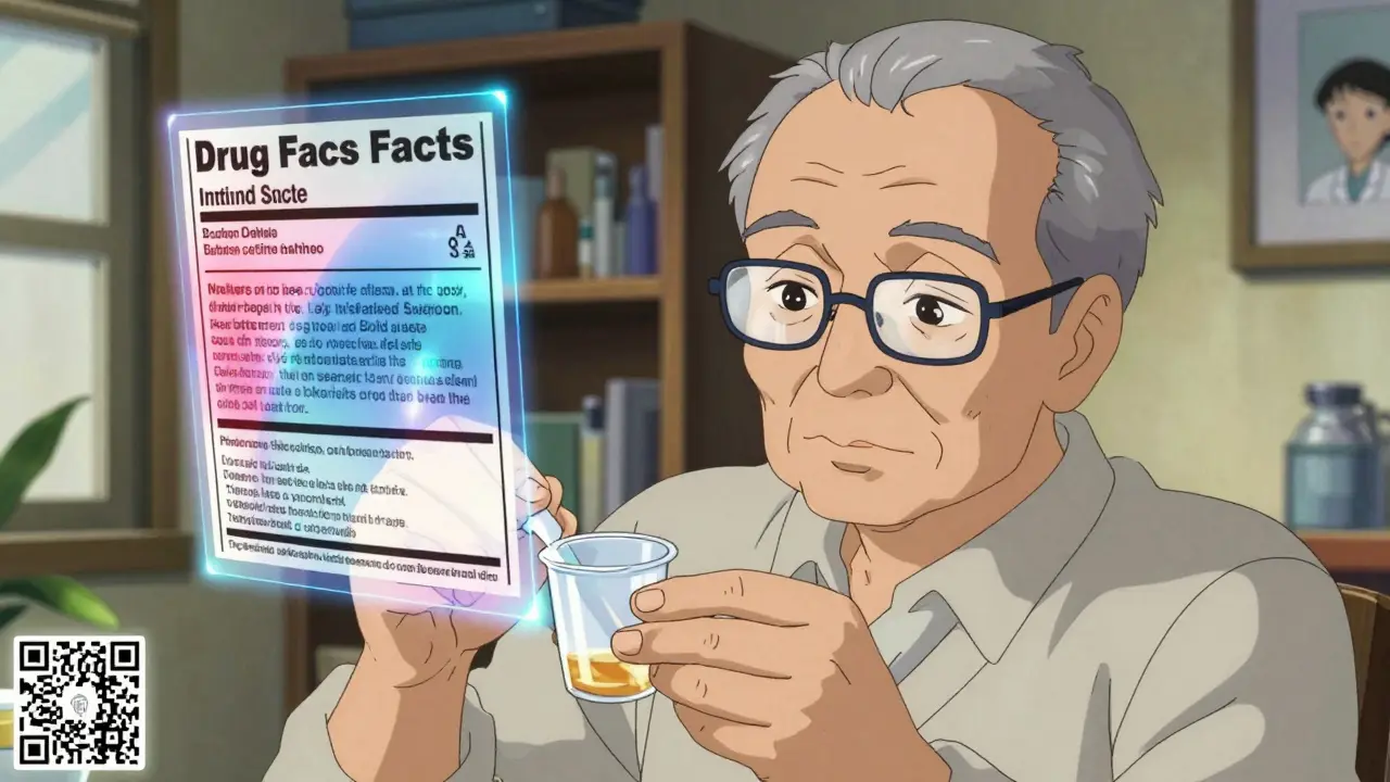 An elderly man measuring liquid medicine with a dosing cup as a holographic Drug Facts label hovers nearby.
