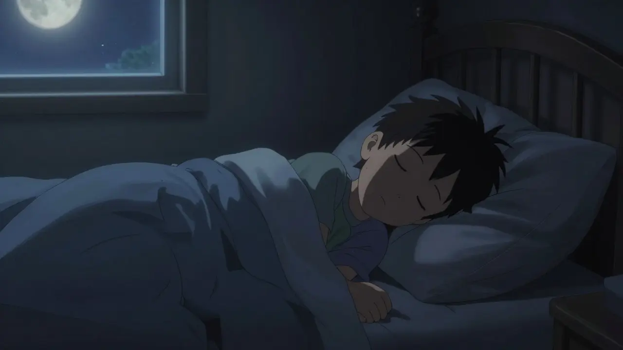 Child sleeping peacefully in dark quiet bedroom.