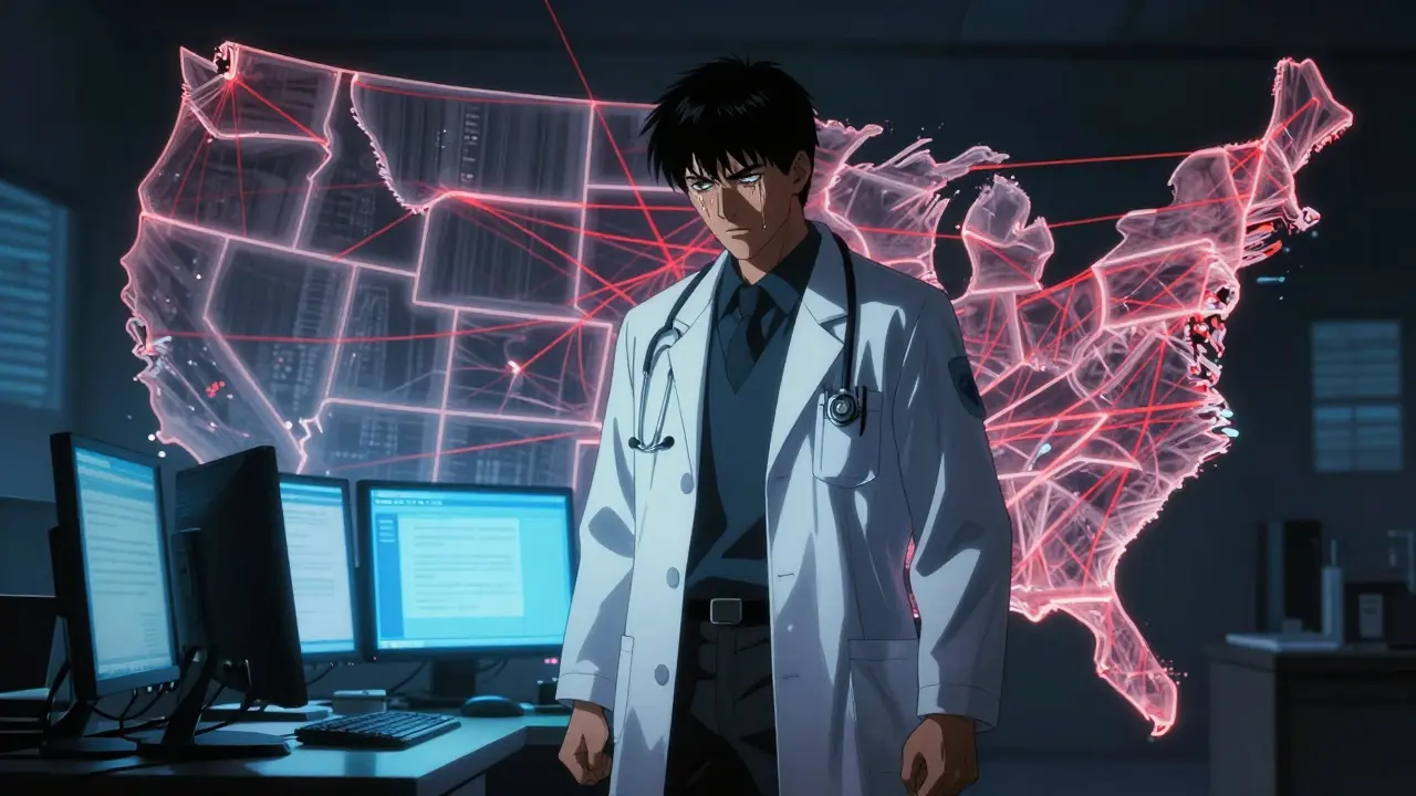 Doctor surrounded by floating state maps in dark office.