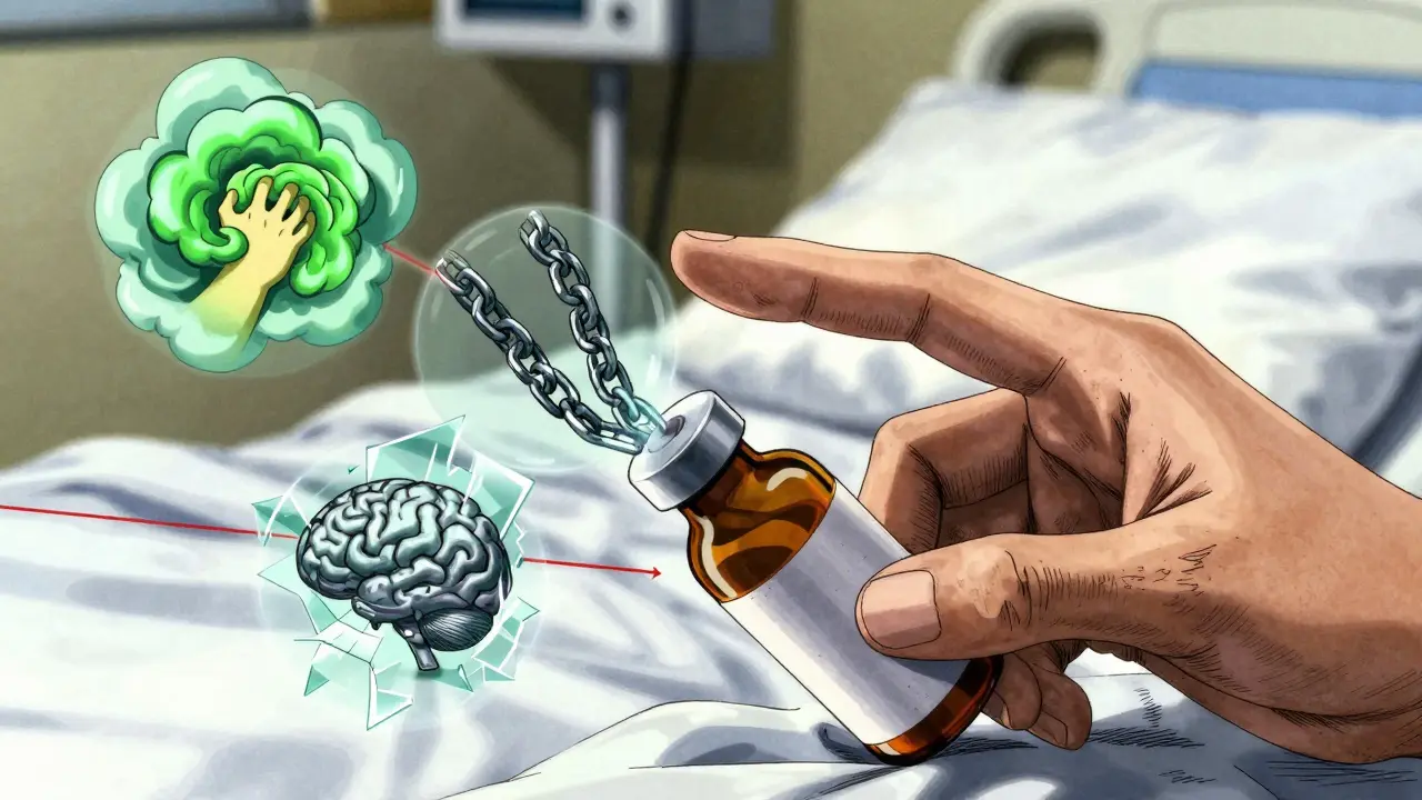 Hand pointing at a pill bottle with vivid, stylized representations of side effects floating around it.
