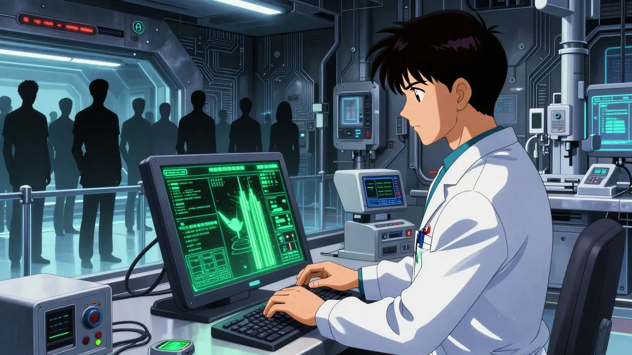 Medical worker using future tech terminal to send secure report.