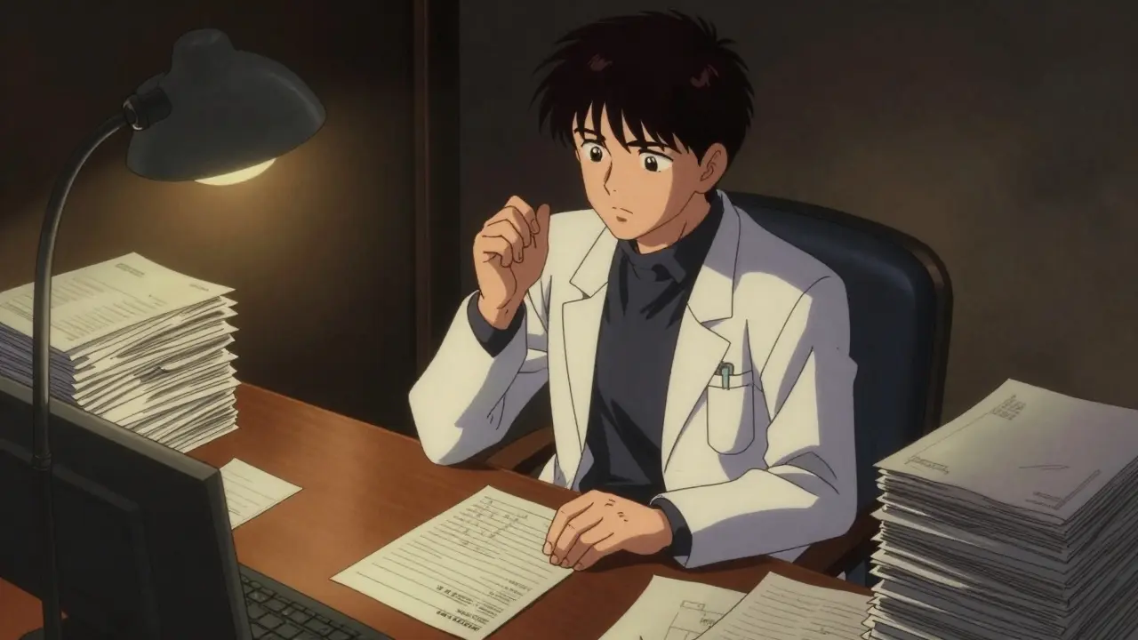 Pharmacist balancing paperwork and empathy at desk