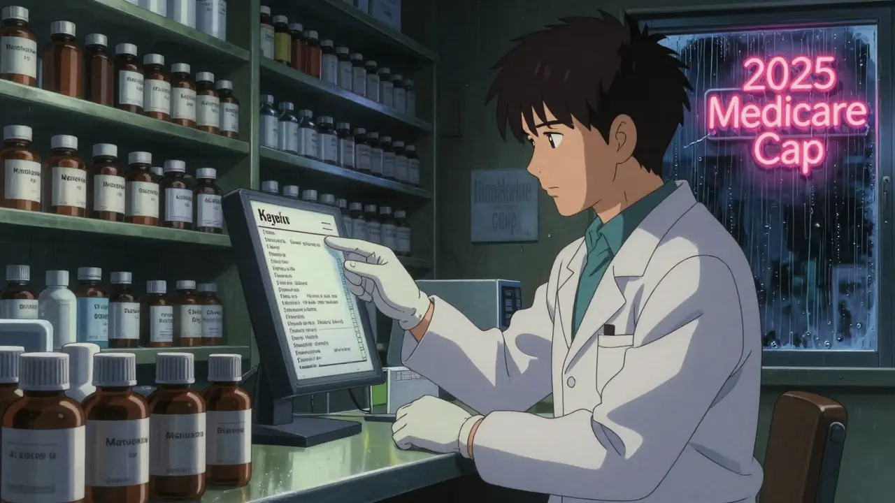 Pharmacist pointing to a prescription label under dim light, shelves of generic and brand drugs in background.