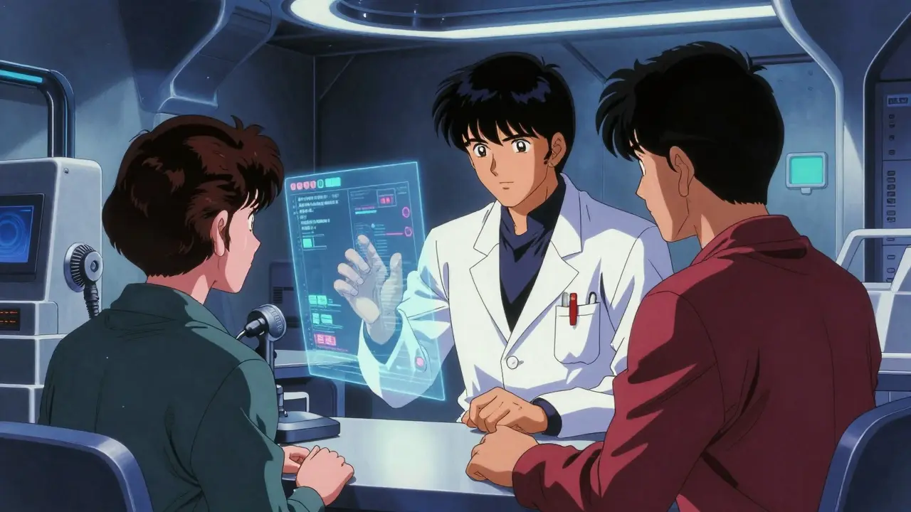 Pharmacist using AI technology in futuristic pharmacy setting