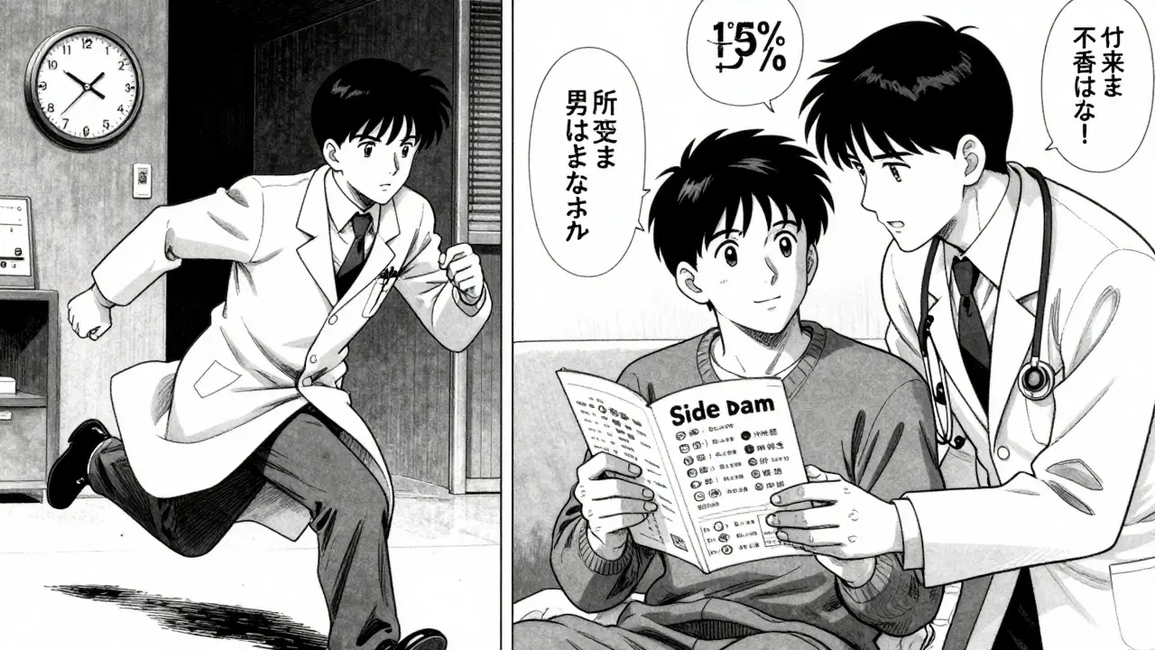 Split scene: rushed doctor versus engaged doctor, showing improved communication with a patient using side effect guide.