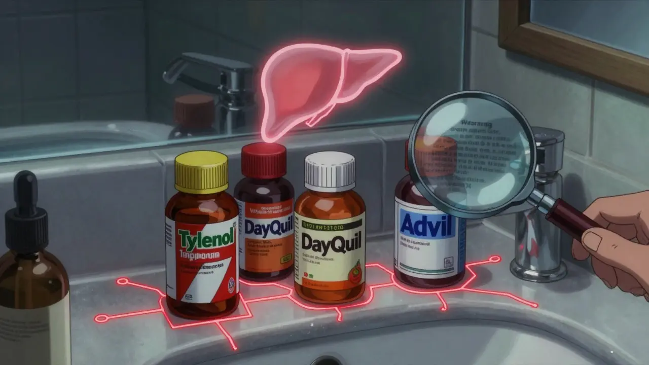 Three OTC medicine bottles on a counter with glowing warning lines connecting shared active ingredients and a pulsing liver icon.