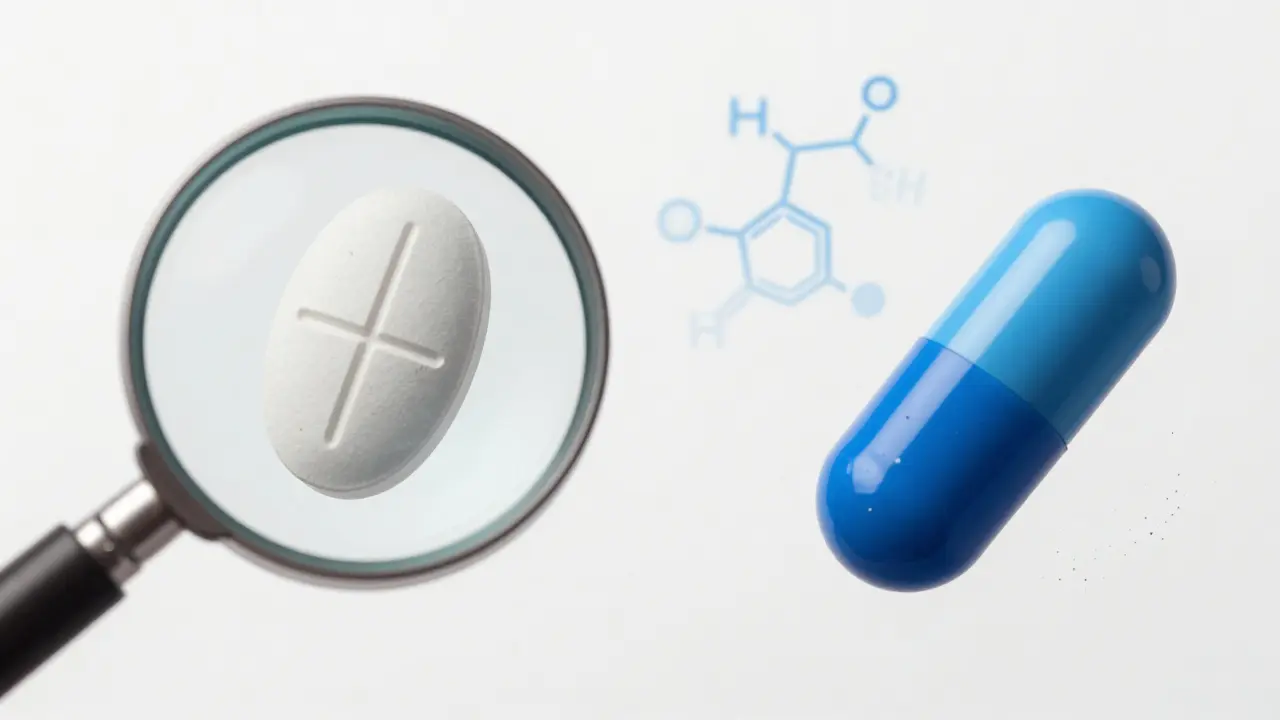 Two pills side by side with different shapes and colors, chemical structures floating between them.