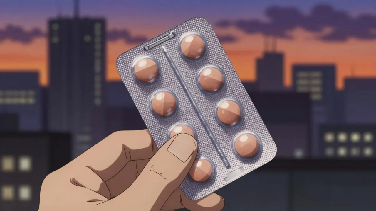 A close-up of a medication blister pack against a city sunset in anime style.